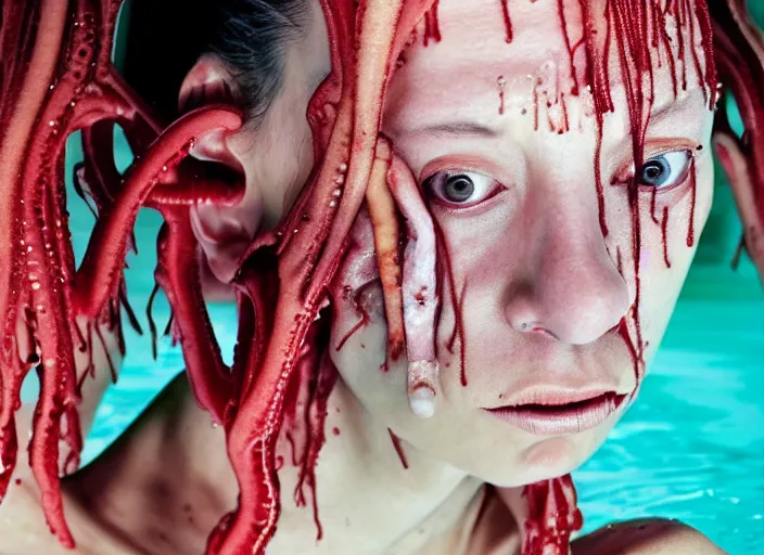 Prompt: mid shot portrait of a woman in swim class, in the style of David cronenberg ,scary, weird, high fashion, ID magazine, vogue magazine, homes and garden magazine, surprising, freaky, freak show, realistic, sharp focus, 8k high definition, medium format film photography, photo realistic, insanely detailed, intricate, elegant, art by yoshitaka amano and David kostic and stanley lau and artgerm