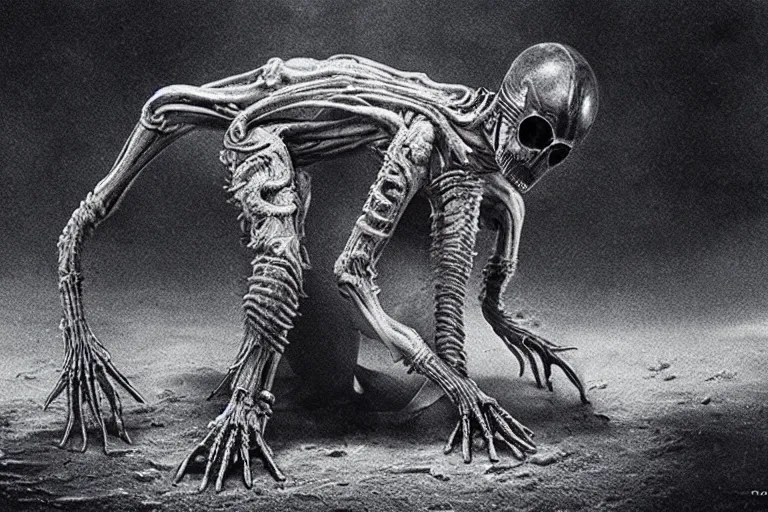 Image similar to ring wraith sniffing the ground, movie still, ultra realism, very detailed, style of h. r. giger