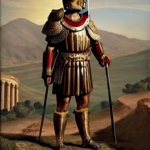 Image similar to joe biden wearing a roman helmet whilest standing infront of a roman army in the desert.