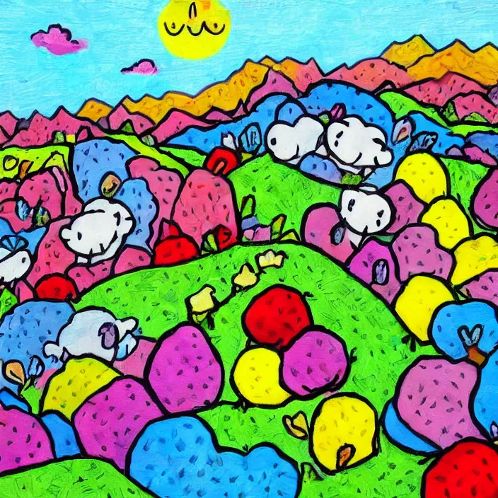 Prompt: little sheep hopping over mountains of gigantic fruit, naivistic art, childrens drawing, outsider art, expressive, colorful