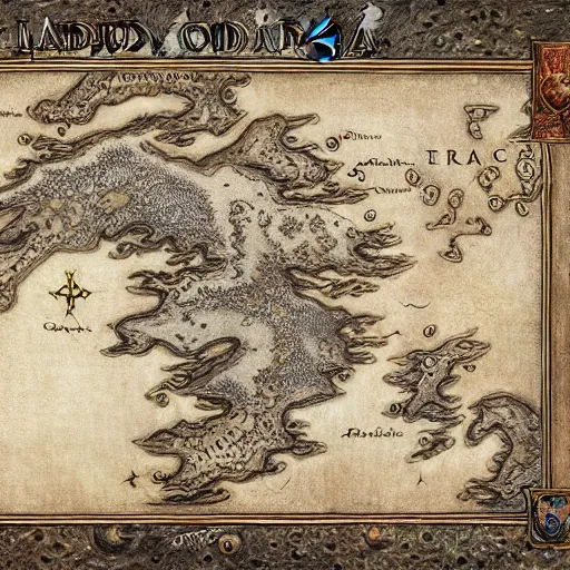 Image similar to simple fantasy map, the land of Odrua, several continents, world of Lute, by JRR Tolkien and Brian Froud, Vatican Map Room, fantasy concept painting, Magic The Gathering Art, trending on art station, showing kingdoms, oceans, continents, vast seas, open plains, baroque frame border