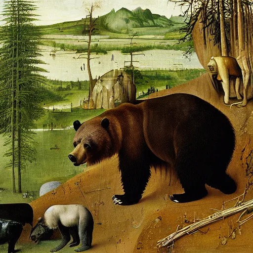 Image similar to a grizzly bear in the foreground, forest in the background, hieronymus bosch