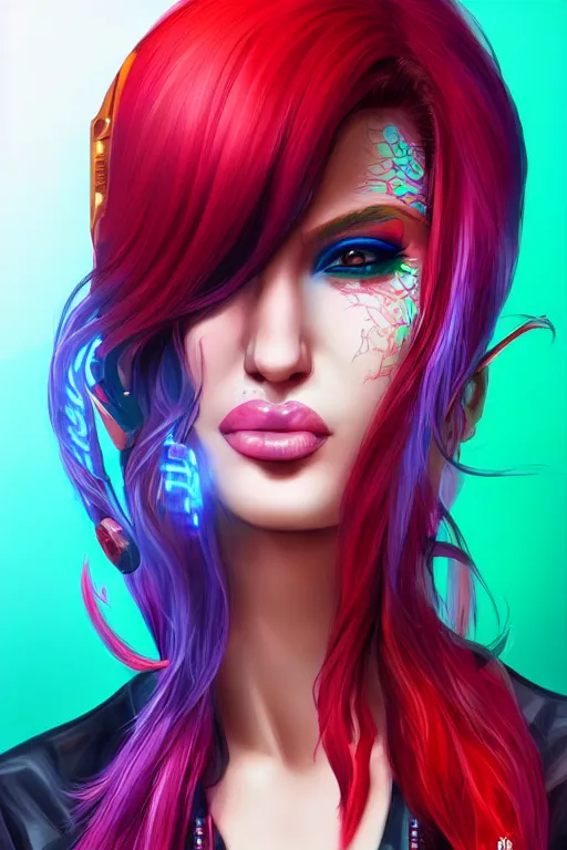 Prompt: beautiful portrait of a cyberpunk woman with red punk hair painted by artgerm and lisa frank, trending on artstation