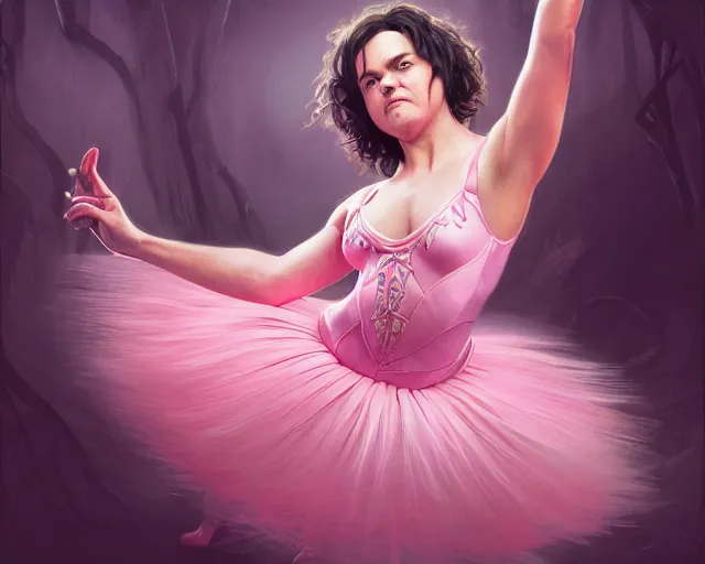 Image similar to photography of jack black dancing in a pink ballerina outfit, full body shot, deep focus, d & d and mtg, fantasy, intricate, elegant, highly detailed, digital painting, artstation, concept art, matte, sharp focus, illustration, hearthstone, art by artgerm and greg rutkowski and alphonse mucha