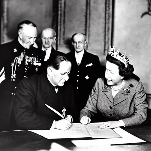 Image similar to 1 9 4 6 historical photo 1 3 5 mm of a single german general signing a peace treaty, a young queen elizabeth holds a corgi and watches the general sign the treaty, french village interior, highly detailed, sharp focus, symmetrical face