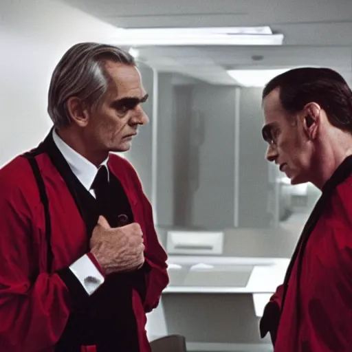 Prompt: a scene from the movie dead ringers with jeremy irons, dark cinematic lighting, heavy black and red color contrast, medical equipment