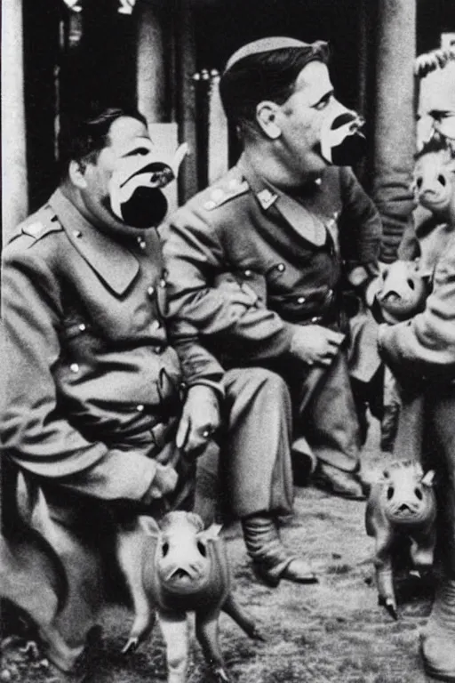 Image similar to piglets with stalin moustaches historical photo in color