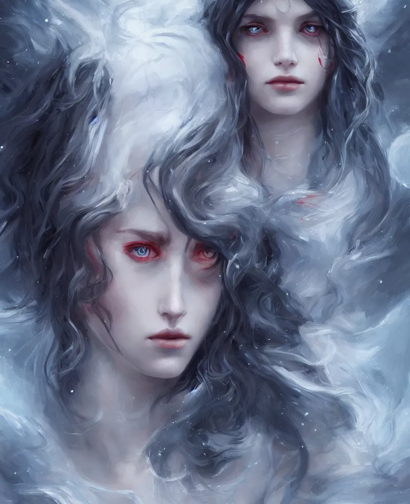 Prompt: a portrait of a ice queen with long dark curly hair and red eyes, stoic, pale skin, alone dramatic, epic painting, painted by artgerm and wlop, cgsociety, beautiful, artbreeder, artstation, octane render, sharpness, 8 k, golden ratio