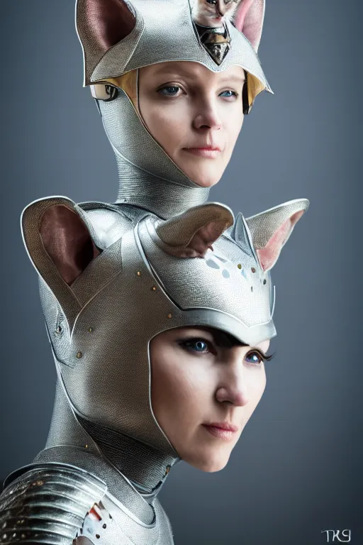 Image similar to female knight wearing a real cat on her head, armor designed by wayne barlowe, swarovski and tiffany, blonde hair, symmetry, sci - fi, cinematic, elegant, luxury, perfect light, perfect composition, dlsr photography, sharp focus, dark fantasy, 8 k, ultra hd, sense of awe, highly detailed, realistic, intricate