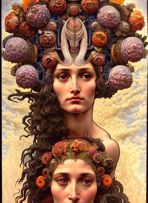 Image similar to hyperrealistic detailed face portrait of the beautiful goddess of the vulcanos with an intricate headgear of a beautiful erupting vulcano with landscape, art by ernst haeckel, john william godward, android jones, alphonso mucha, h. r. giger, gothic - cyberpunk, ornamental, dimmed pastel colours,