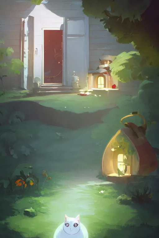 Image similar to a moment of pure bliss, the white cat in front of the small house in the forest, cory loftis, james gilleard, atey ghailan, goro fujita, character art, exquisite lighting, clear focus, very coherent, plain background, dramatic painting