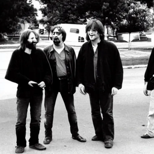 Prompt: john lennon, steve jobs, harry potter, and gabe newell meeting each other