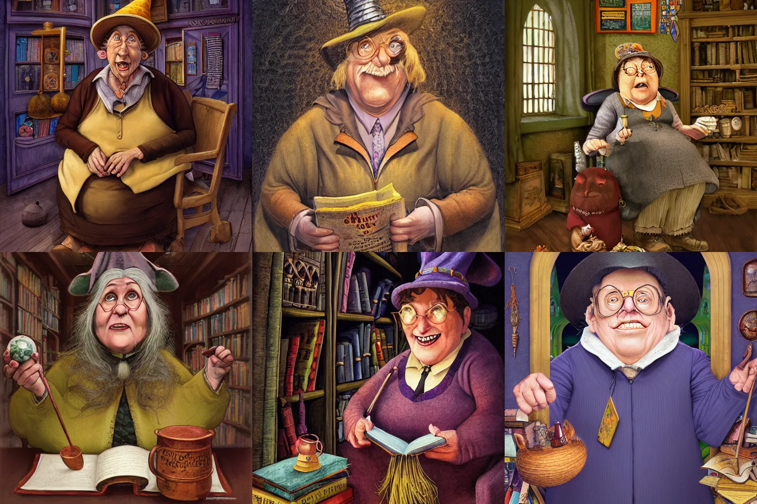 Prompt: Portrait of Nanny Ogg as a jovial, motherly professor in Hogwarts School of Witchcraft and Wizardry, detailed, hyperrealistic, colorful, cinematic lighting, digital art by Paul Kidby and Jim Kay