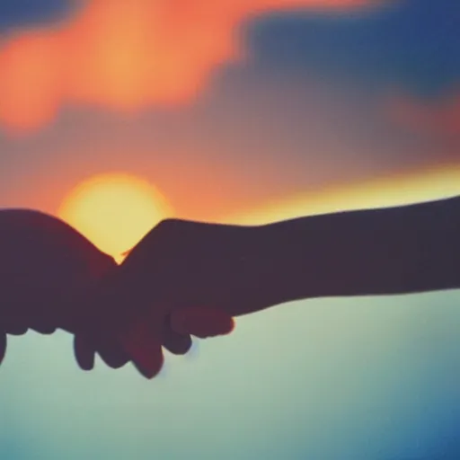 Image similar to vhs video of a couple holding their hands, vhs artifacts, old, 1 9 7 9, nostalgic, sunset, sky, clouds