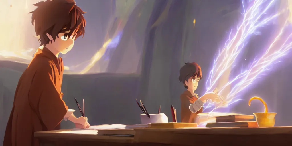 Image similar to a young boy mage with a brown cloak and brown hair is standing at his desk working on a new spell, colorful, flowing energy, light rays, anime boy, boy, consistent face, anime boy face, medium shot, waist up, pixar and disney animation, sharp, by greg rutkowski and makoto shinkai, bloom, dramatic lighting, cinematic