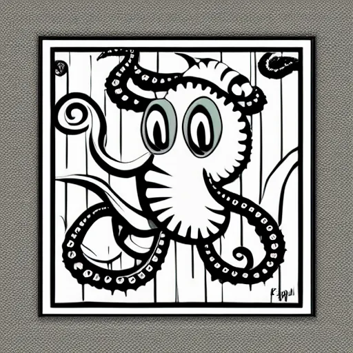 Prompt: very angry squid, 🦑 design, squared border, black and white, mad cuttlefish, cute decapodiformes