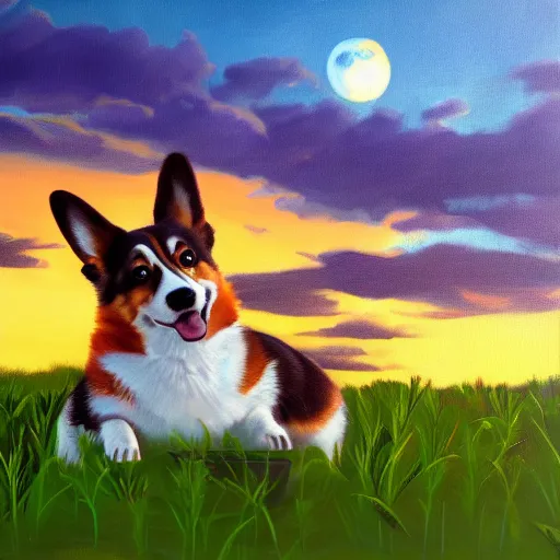 Prompt: corgi sitting behind laptop at sunset drinking cocktail on bed among the greenery, surrealistic scene, oil painting, trending in Artstation, artstationHD, 4k