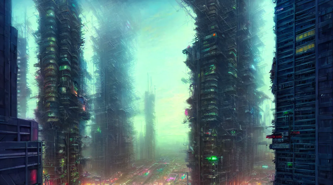 Prompt: post apocalyptic skyscraper, building, avenue, urban architecture, americana architecture, concrete architecture, paved roads, by thomas kinkade trending on artstation, photorealistic, wild vegetation, hyper detailed, hyper realistic, neon cyberpunk blade runner