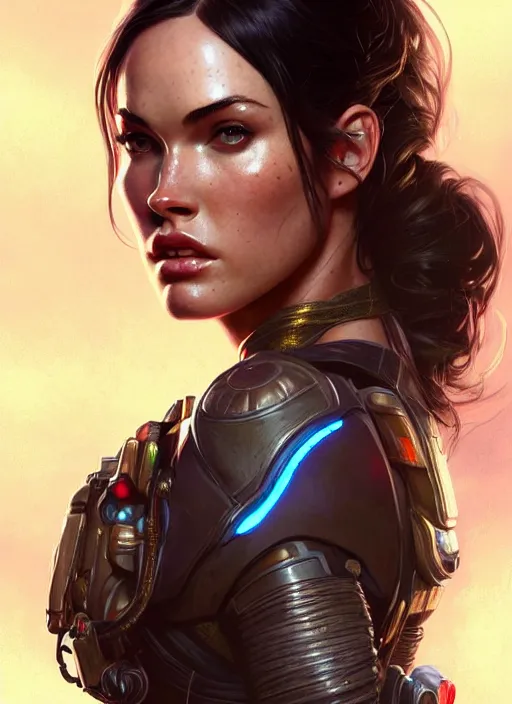 Image similar to portrait of apex legends megan fox, intricate, elegant, glowing lights, highly detailed, digital painting, artstation, glamor pose, concept art, smooth, sharp focus, illustration, art by artgerm and greg rutkowski, artey freytag