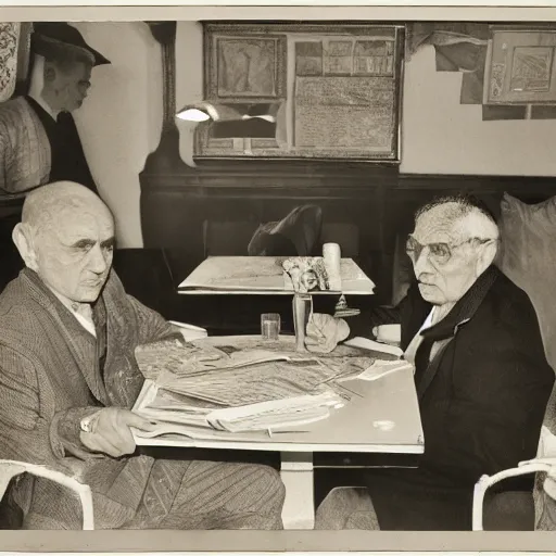 Image similar to lalo salamanca sitting at the table and reading newspapers, portrait, black and white, photograph, ultra realistic, grainy, highly detailed, Diane Arbus