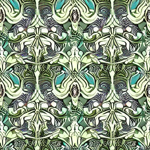 Image similar to Seamless Art Nouveau pattern, hyper-realistic Art nouveau pattern in style of Alphonse Mucha, Antoni Gaudi and Rene Lalique, seamless damask pattern, hyperdetailed curvy and swirly motifs, supersharp, hypermaximalist, smooth gradients