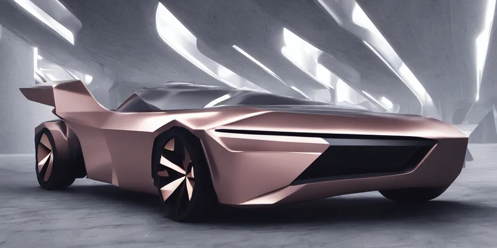 Image similar to a design of a futuristic vehicle, designed by Polestar, blade runner background, brushed rose gold car paint, black windows, dark show room, dramatic lighting, hyper realistic render, depth of field