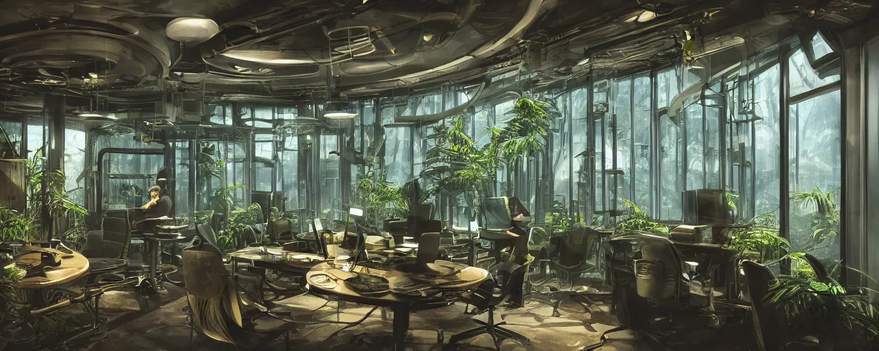 Image similar to a futuristic steampunk science office, inside a building built in the middle of a lush tropical rainforest, lush forest outside of the window, cinematic back lit lighting, realistic, detailed, canon 50mm lens,