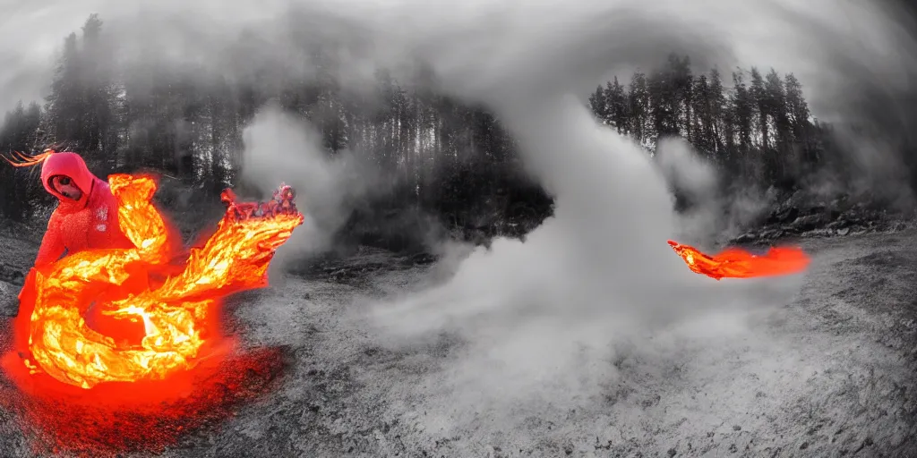 Image similar to music video fisheye slow motion with trail fire and smoke effect of futuristic break dancer wearing long dark cloak and golden helmet emitting fire and crystals, long exposure shot , enigmatic, at night in the middle of the arctic with red light A letter, paddle of water, steam, fog, water splashes, rim lights, glossy reflections, water droplets on lens, octane render, Volumetric dynamic lighting, stunning cover magazine, high details, hajime sorayama