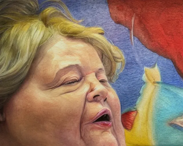 Image similar to an innocent and beautiful scene in hyper realistic style, watercolor and pen oily drawing on wood, of a fat old lady painting a huge colorful fish on the wall, lighting from the barred window. shadows. 4 k. wide angle. wild mood. red mouth, blue eyes. deep focus, lovely scene. ambient occlusion render. unreal engine.