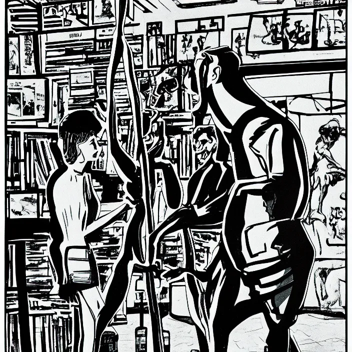 Image similar to a still frame from comic strip two person looking at the sculpture 1 9 9 0, new yorker illustration, monochrome contrast bw, lineart, manga