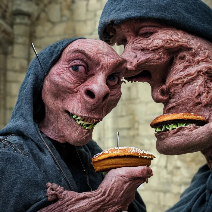 Image similar to closeup profile face portrait of a medieval goblin eating cakes in the cloisters, depth of field, zeiss lens, detailed, symmetrical, centered, fashion photoshoot, by annie leibovitz and steve mccurry, david lazar, jimmy nelsson, breathtaking, 8 k resolution, extremely detailed, beautiful, establishing shot, artistic, hyperrealistic, beautiful face, octane render