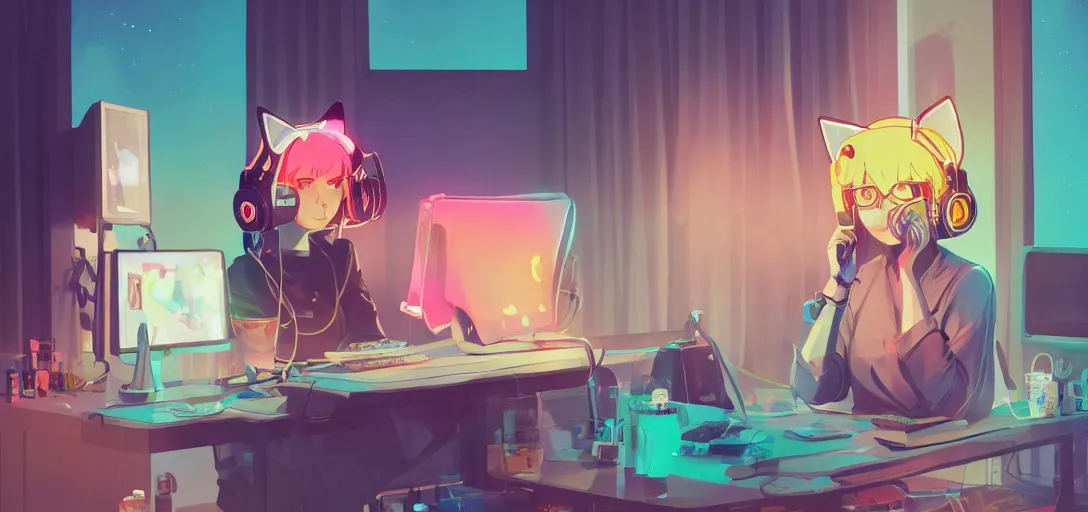 Image similar to a blond woman with cat ear headphones, sitting in front of computer, gamer, computer nerd, cute room, neon lights, gamer aesthetic, lofi vibes, strong crisp lineart and flat color, by ilya kuvshinov, krenz cushart, Greg Rutkowski, trending on artstation