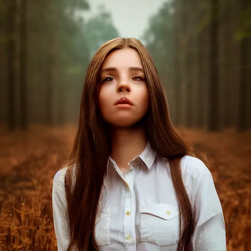 Image similar to real life photo of a beautiful girl, full body photoshoot, long brown hair, brown eyes, full round face, short smile, long sleeved belly free brown shirt, forest setting, cinematic lightning, medium shot, mid - shot, highly detailed, trending on artstation, unreal engine 4 k, 8 0 mm, 8 5 mm, cinematic wallpaper