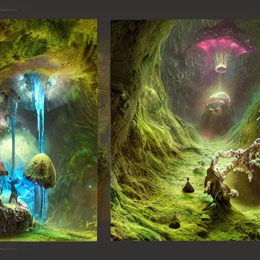 Image similar to tom bagshaw, mythical gigantic space cavern, soft painting 3 d render curiosities carnival pond vegetation rocks mushrooms and tentacles covered moss, luminescent wisps, stunning waterfall, accurate features, focus, very intricate ultrafine details, random volumetric lighting, fog, award winning masterpiece, octane render 8 k hd, artstation