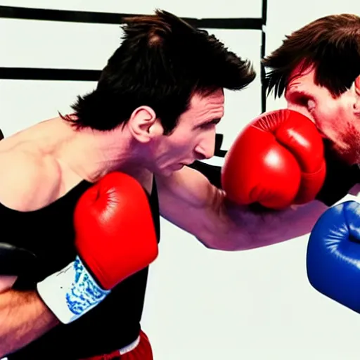 Image similar to photograph of Lionel Messi boxing with Muhammad Ali