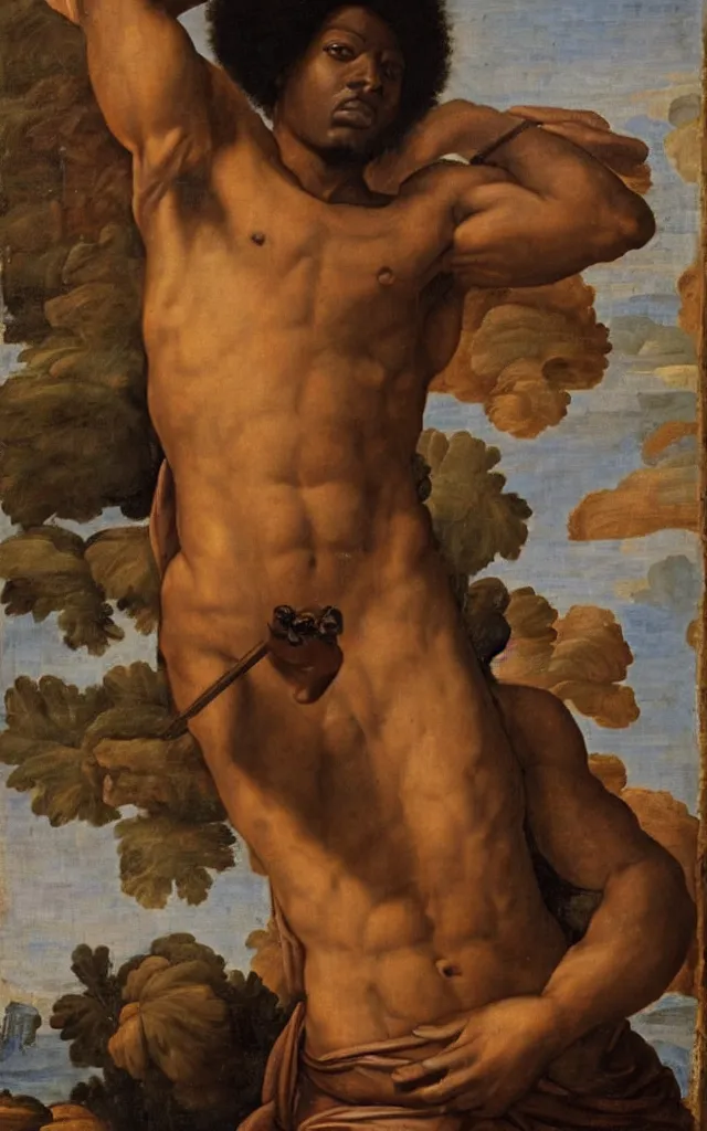 Image similar to Renaissance painting of St. Sebastian as a Black African man with an afro and dark skin, accurate face, detailed face