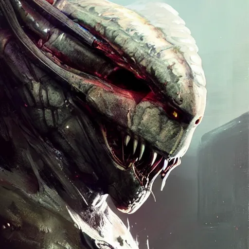 Image similar to A frontal head portrait of The Predator , by dreadjim, Greg Rutkowski, james gurney, epic scifi character art, Exquisite detail, post-processing, low angle view, masterpiece, cinematic