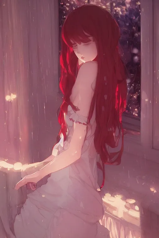 Image similar to a girl in a maid's outfit in the bedroom a night, raining outside the window, red theme, wavy white long hair, by krenz cushart and mucha and akihito yoshida and greg rutkowski and makoto shinkai, 4 k resolution