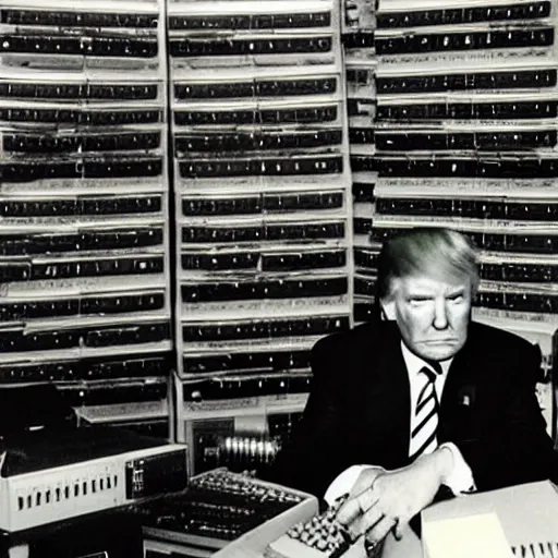 Image similar to candid color photo of Donald Trump nervously sitting at an enormous bank of very complicated, 1970's looking computers trying to blend in to avoid the fbi officers searching for him