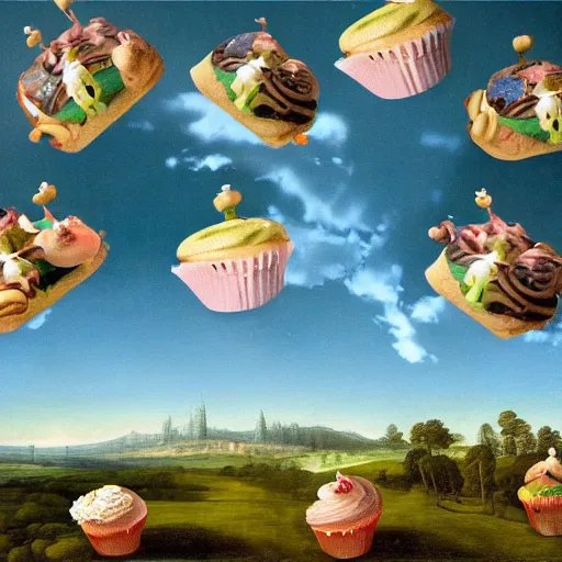 Prompt: renaissance painting flying cupcakes over landscape forest, green, five nights at freddies art style