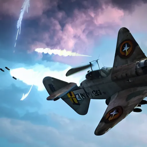 Image similar to an epic dogfight between a p 3 8 lightning, full color, 8 k cinematic photography, explosions in the background, parachutes, ultra realistic digital art, unreal engine, style of keith