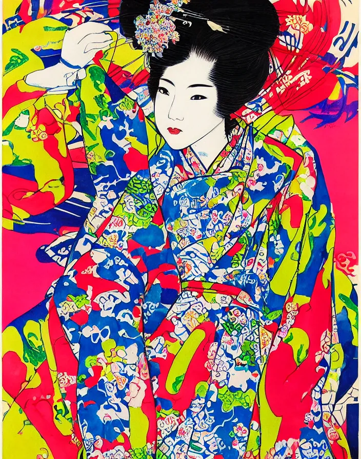 Image similar to ink on paper, a portrait of a geisha wearing a colorful kimono with graffiti tags in front of a tokyo subway, by goyo hashiguchi!!, colorful, xray melting colors!!