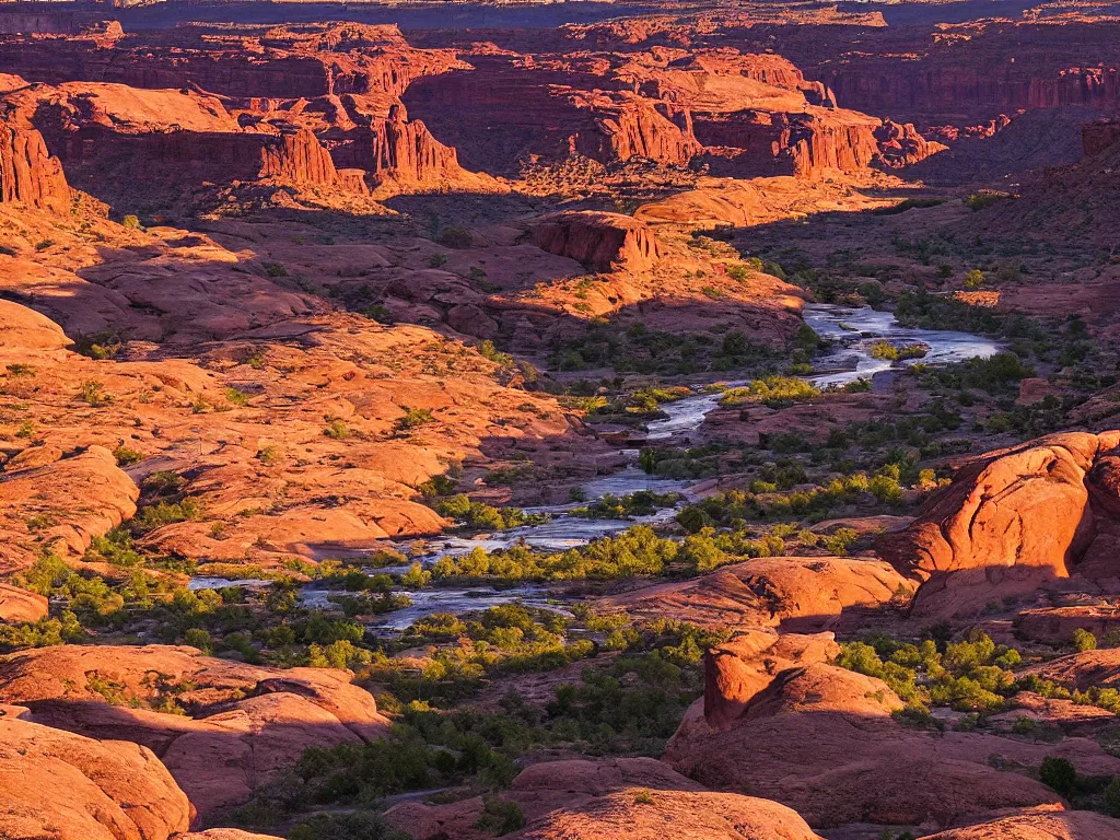 Image similar to “a river running through a canyon surrounded by desert mountains at sunset, moab, utah, a tilt shift photo by Frederic Church, trending on unsplash, hudson river school, photo taken with provia, national geographic photo, tilt shift”