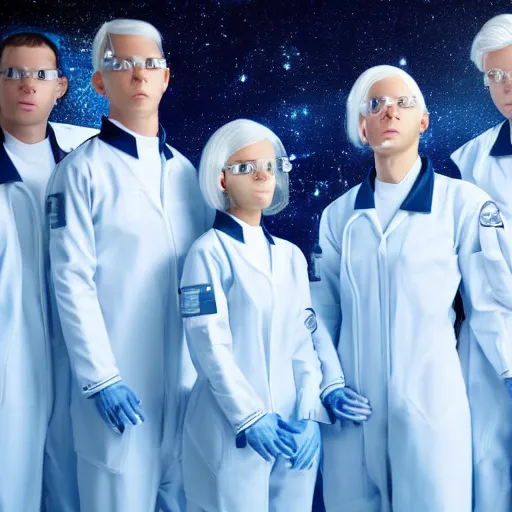 Image similar to sixtuplets, white hair, tight light blue neopren space uniforms, futuristic chemistry lab, sci - fi, highly detailed, cinematic