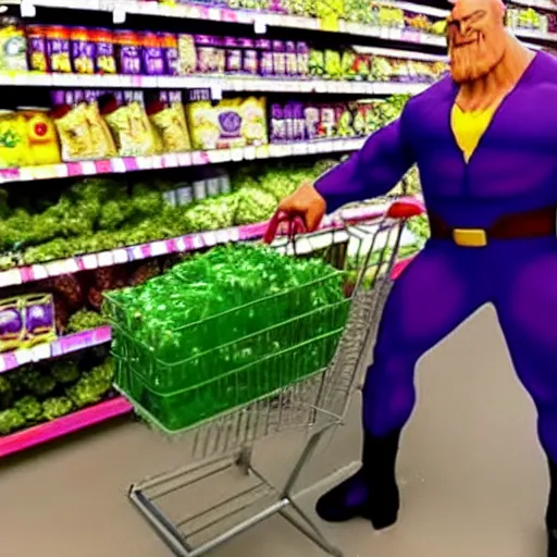 Prompt: thanos in a red girl dress doing groceries at the supermarket, picking up a can beans