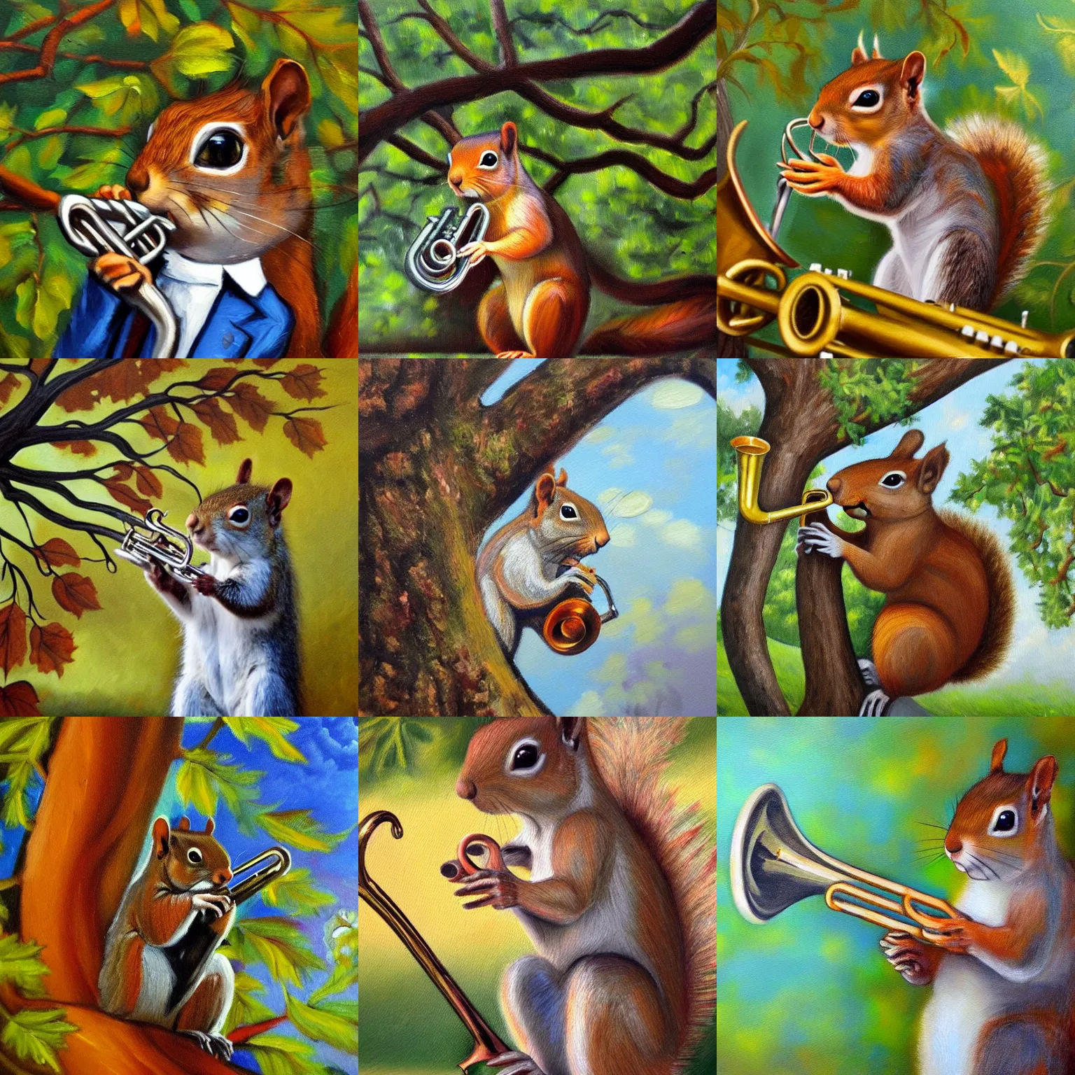 Prompt: squirrel in an oak tree playing the trumpet, detailed oil painting, expressive, fun