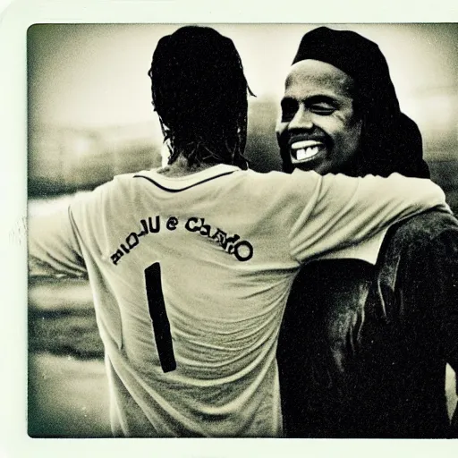 Image similar to polaroid picture, sepia, ronaldinho gaucho hugs manu chao in a paraguayan prison, perfect face, symmetrical face, fine details, day setting, ethereal, trending on artstation