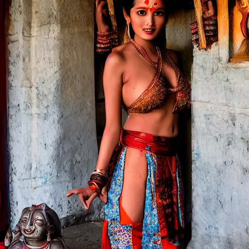 Image similar to a nepali model in a kathmandu temple, posing for playboy photoshoot next to hindu gods