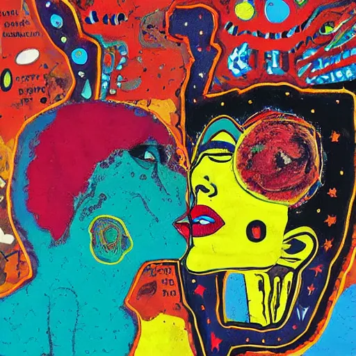 Image similar to beautiful painting of two bizarre psychedelic women kissing each other closeup on an alien planet, speculative evolution, mixed media collage by basquiat and junji ito, magazine collage art, paper collage art, sapphic art, lesbian art