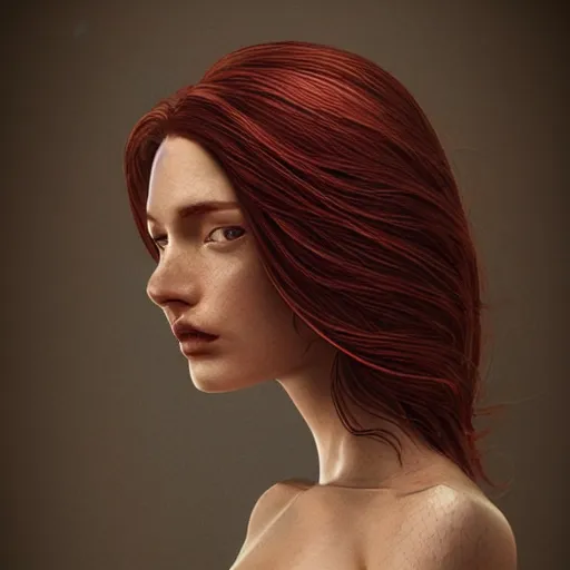 Prompt: Glamorous Runway Model, long fan blown dark reddish hair, tight bone structure, olive skin, intricate, elegant, highly detailed, octane render, photorealistic, smooth, depth of field blur, illustration, art by artgerm and James Jean, John Harris and Gregory Crewdson